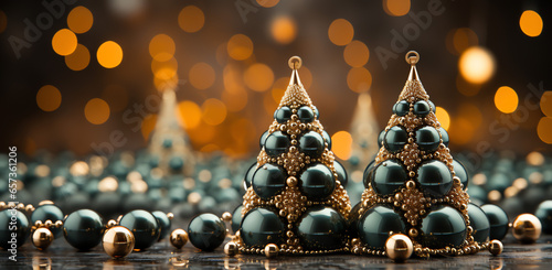 bright christmas tree with decorations on a dark background golden baubles christmas tree with christmas balls, in the style of soft edges and blurred details