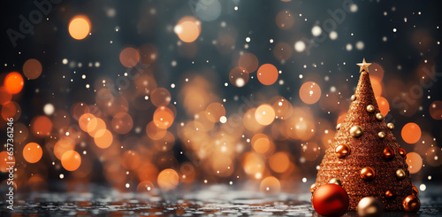 bright christmas tree with decorations on a dark background golden baubles christmas tree with christmas balls, in the style of soft edges and blurred details