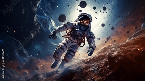 Astronaut in deep space. Cosmic art and science fiction wallpaper. Beauty and imagination of deep space. © Loucine