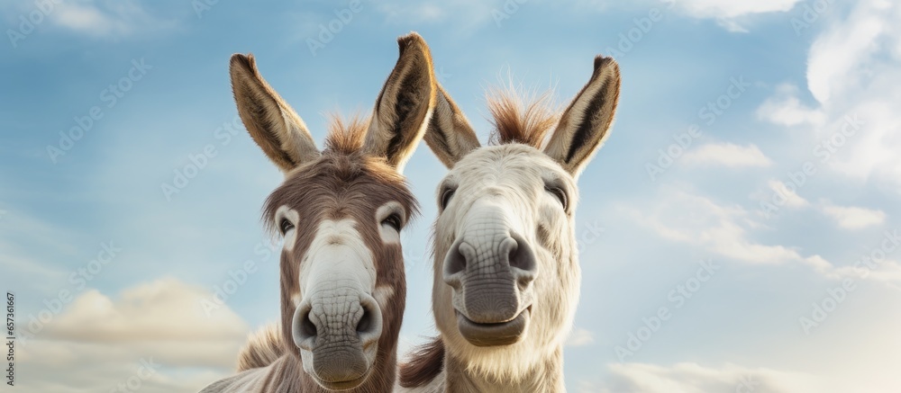 Naklejka premium Two donkeys with cream colored fur smile happily