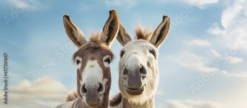 Two donkeys with cream colored fur smile happily photo
