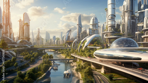 City of the Future. An urban landscape showcasing the city of the future with sustainable development.