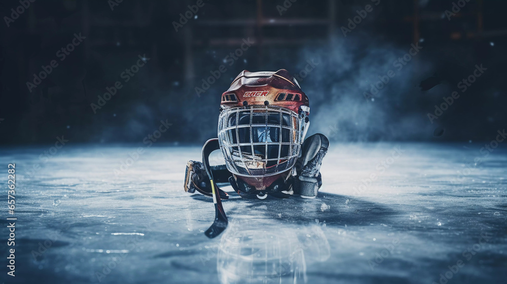 On-Ice Safety Gear. A solitary ice hockey helmet rests on the rink. - obrazy, fototapety, plakaty 