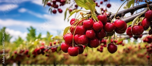 Photographie Early summer brings branches of red sweet cherry trees in the orchard With copys