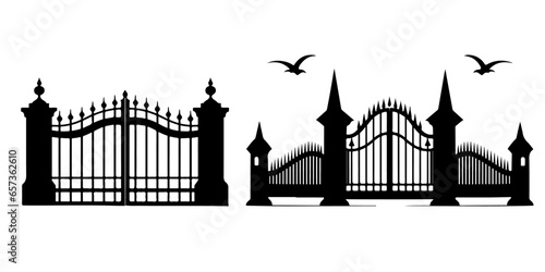 Isolated Spooky Silhouettes of Cemetery Gates: A Halloween Collection. Haunted and Scary Fence Elements that are Creepy. Iron Gates, Metal Fences