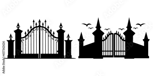 Collection of Spooky Cemetery Gate Silhouettes Isolated for Halloween. Scary, Haunted and Creepy Fence Elements. Iron Gates, Metal Fences