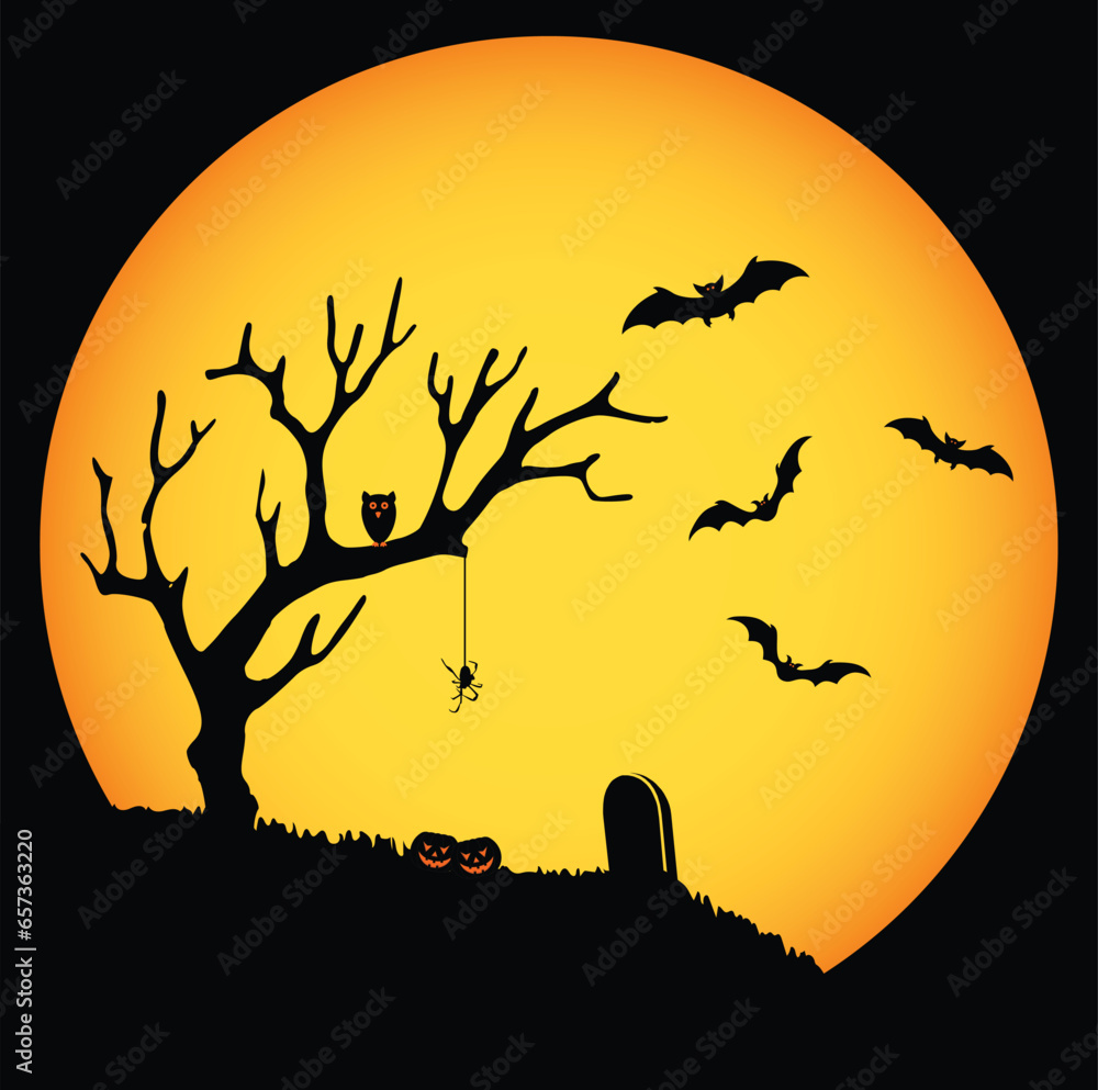 Scary Halloweens background  with sunset and tree