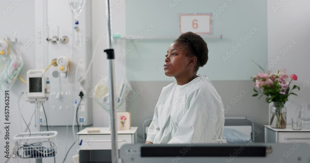 Patient, hospital and thinking on bed with depression, sad and pulmonary disease diagnosis with sadness. Black woman, treatment and recovery in medical center, chest pain and emergency healthcare Patient, hospital and thinking on bed with depression, sad and pulmonary disease diagnosis with sadness. Black woman, treatment and recovery in medical center, chest pain and emergency healthcare