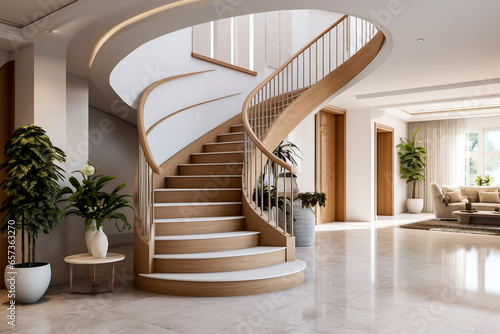 Modern country house entrance reception area with sweeping staircase and tiled marble floor wooden staircase potted plants on occasional table in view of sitting area internal contemporary room design