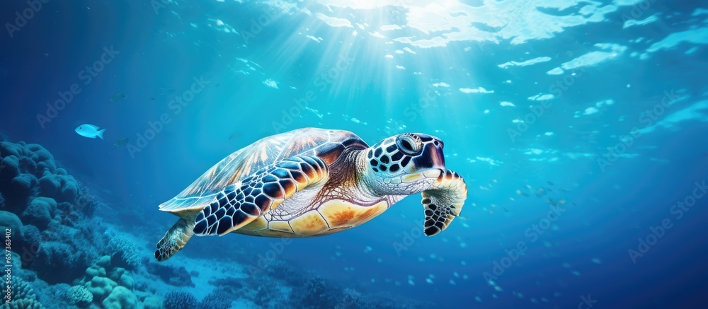 Underwater a hawksbill turtle swims in the blue sea Underwater a hawksbill turtle swims in the blue sea