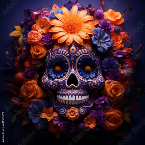 Dia De Muertos Ai Generated Background Wih Skull And Flowers Composition