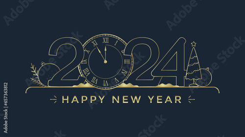 New Year 2024 greeting card with stylized clock and decoration on dark background. Christmas golden line holiday illustration.