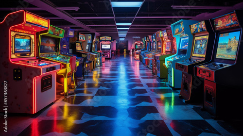 Nostalgia-Filled Gaming Den. A gaming den filled with nostalgia and vintage arcade games.