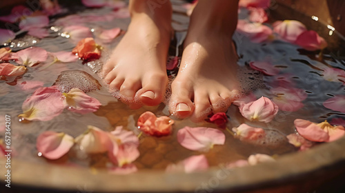 Tranquil Foot Soak. Feet immersed in a wooden tub of warm water