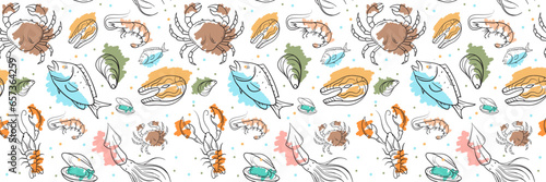 vector seamless pattern banner background with sea food hand drawn