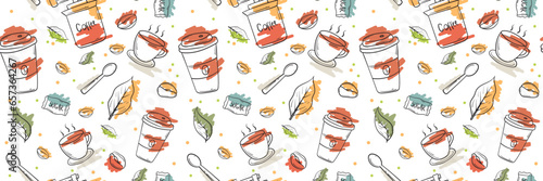 seamless pattern banner background with coffee shop items set hand drawn