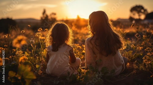 Two young girls gazing at the sunset in a field.