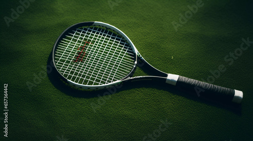 Tennis Tactics on Grass. A tennis racket on grass court embodies tactics