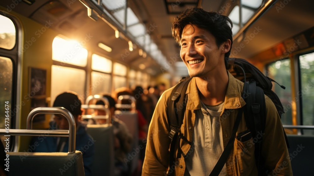 Joyful asian backpacker waiting for his train journey.
