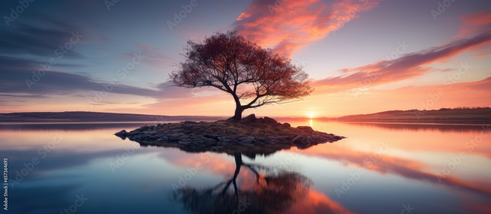 Partially submerged tree at sunset with grainy image movement due to long exposure With copyspace for text