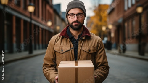 A young courier is holding a box in his hands