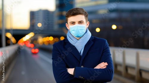 Young man with a scarf and mask standing in a city setting.