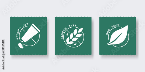 Non GMO and without dye label set for product package. Vector illustration.