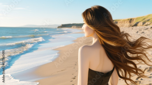 Asian woman with long hair on the beach.