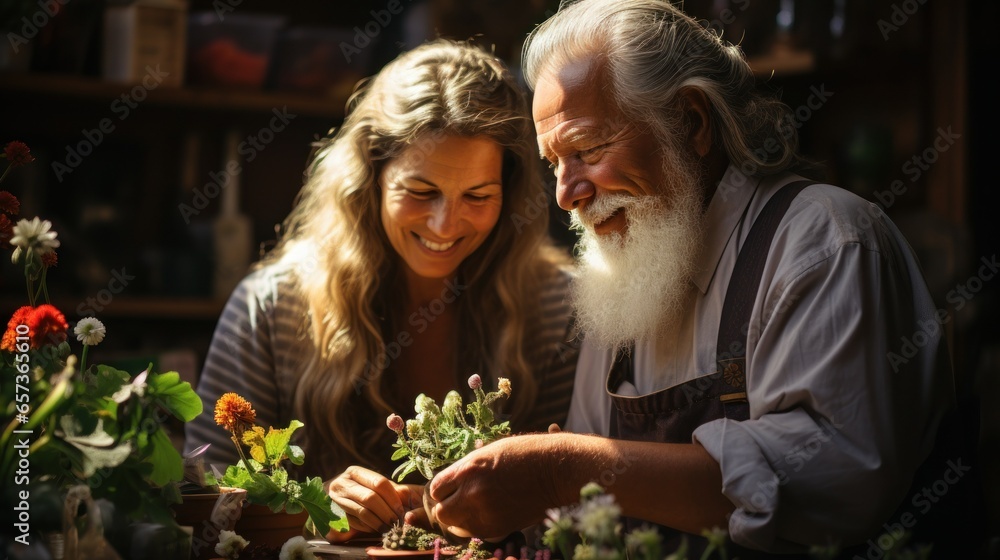 Elderly man with a beard sharing a moment with a young woman over plants