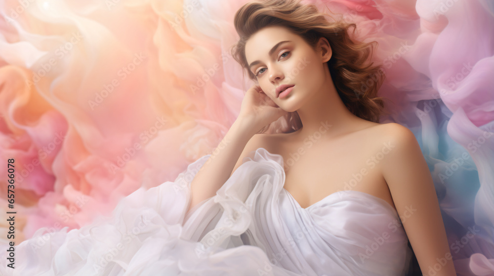 an ultra-realistic model adorned in a pastel-colored wedding gown, with flawless pastel-shaded makeup, set against a backdrop of billowing pastel cotton - Generative AI