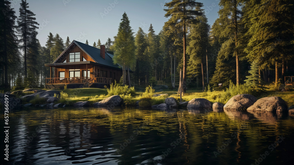Fototapeta premium Remote Cabin Tranquility. Discover tranquility in this remote cabin