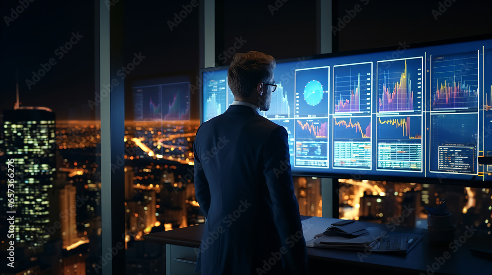 Finance trade manager analysing stock market indicators for best investment strategy, financial data and charts with business buildings in background - Generative AI - obrazy, fototapety, plakaty 