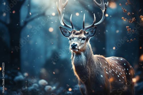 Mystic Christmas reindeer in wonderful winter forest. Stag among snowy trees on magical Christmas night.