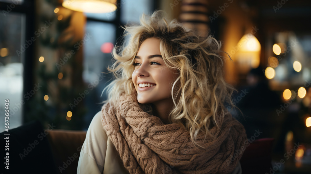 Happy blond woman with bunch hairstyle warming and cover knitted plaid enjoying in her coffee time by the window in cold winter day. Peace of mind and mental health - Generative AI Happy blond woman with bunch hairstyle warming and cover knitted plaid enjoying in her coffee time by the window in cold winter day. Peace of mind and mental health - Generative AI