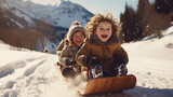 Happy funny children ride wooden retro sleds on snowy road in mountains. - Generative AI