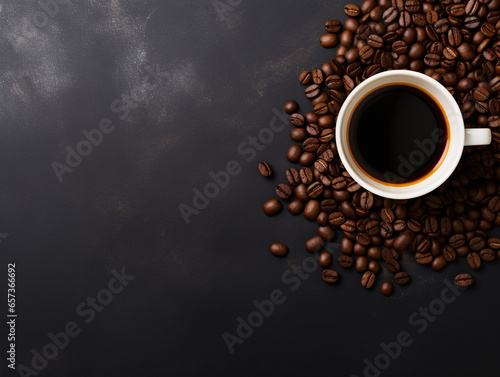 Flatlay a Cup of Coffee with Coffee Beans.