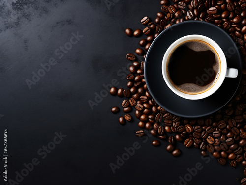 Flatlay a Cup of Coffee with Coffee Beans.