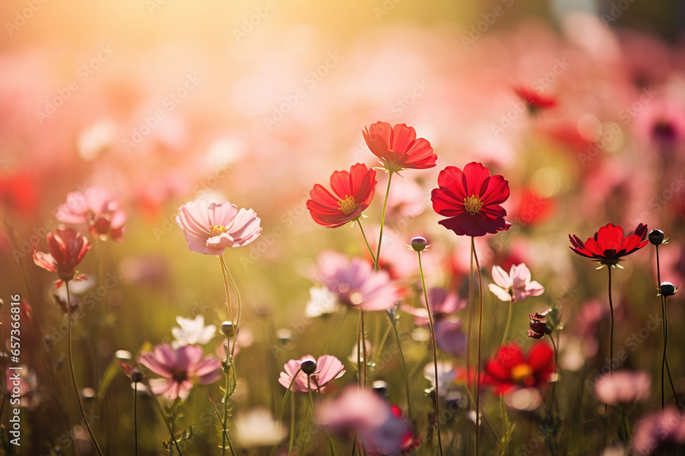 Beautiful wild flowers in the field. Blooming meadow with variety of wildflowers and soft daylight. Generative AI Beautiful wild flowers in the field. Blooming meadow with variety of wildflowers and soft daylight. Generative AI