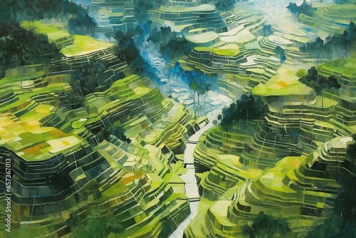 Abstract Aerial View of Rice Terraces: Layered Green Patches and Winding Paths, generative AI