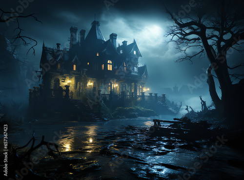 Old haunted mansion, foggy and witchy ambiance, halloween vibes