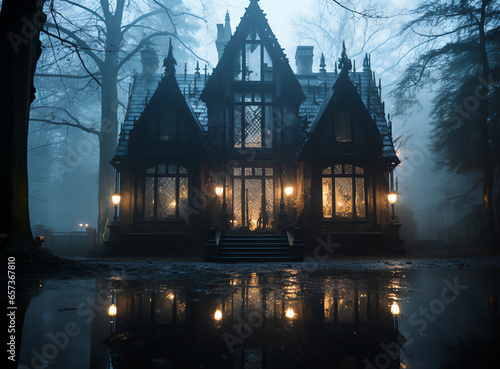 Old haunted mansion, foggy and witchy ambiance, halloween vibes