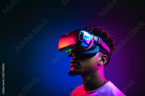 Young man wearing virtual reality VR glasses  VR headset and trying to touch something with his hand while standing in the cyberspace background.