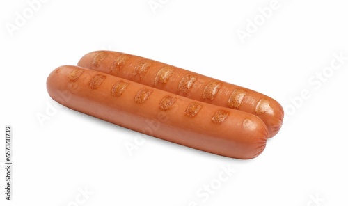 Tasty grilled sausages on white background. Ingredients for hot dogs