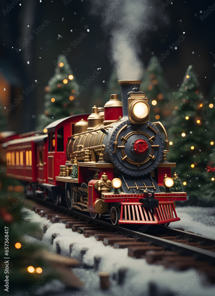 Christmas diorama of a vintage red train and fir trees