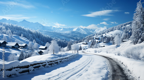 Winter Road Country road leading through a winter mountain landscape - Generative AI