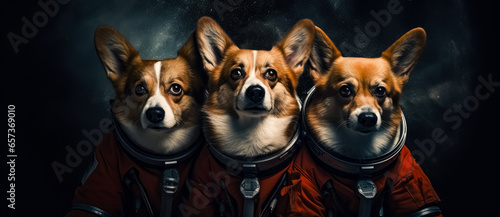 Three dogs wearing astronaut on the moon.