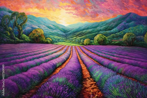 Abstract Provencal Lavender Field: Vibrant Purples and Greens Embodying the Beauty of Nature, generative AI