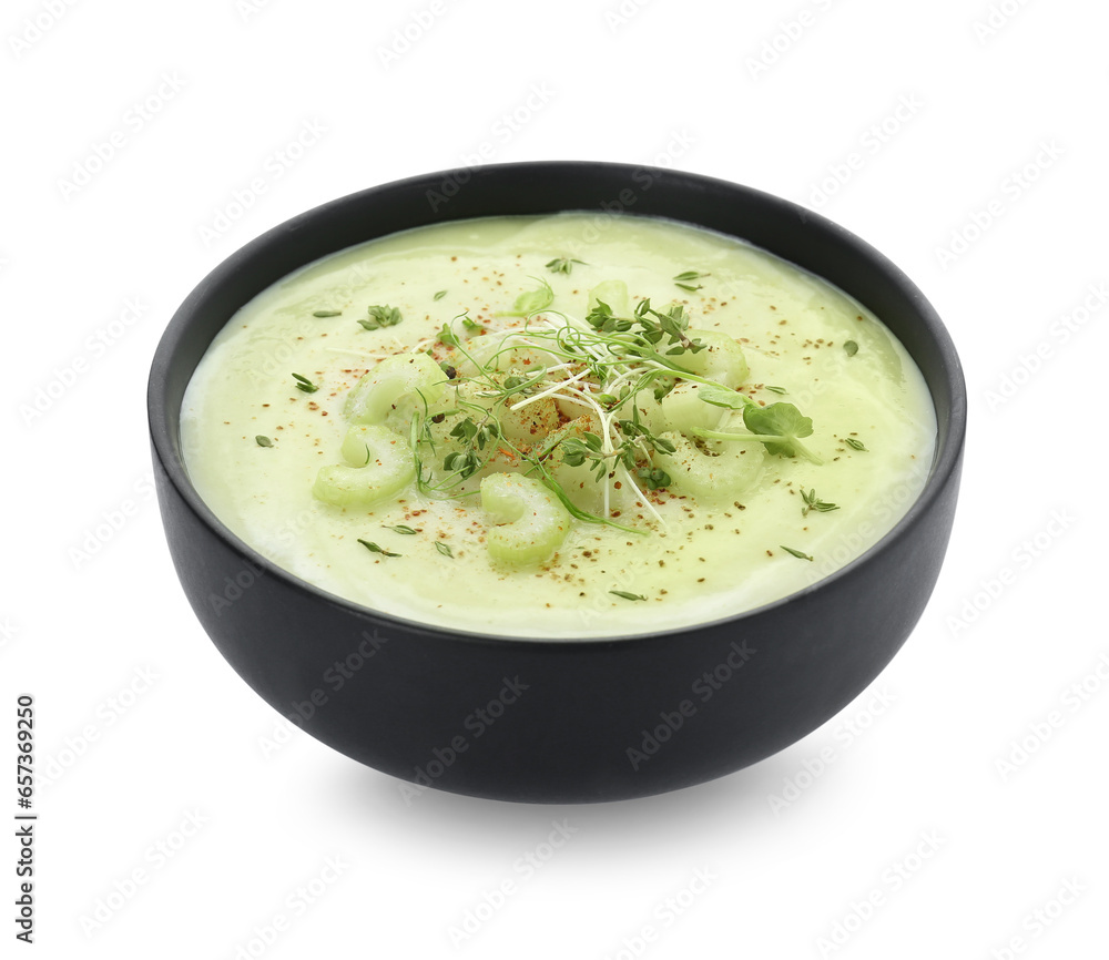 Bowl of delicious celery soup isolated on white