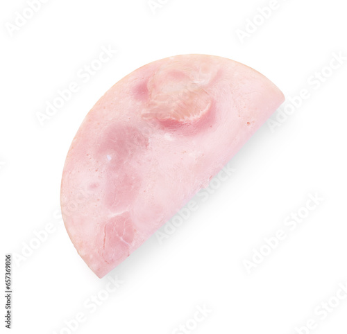 Slice of tasty ham isolated on white, top view