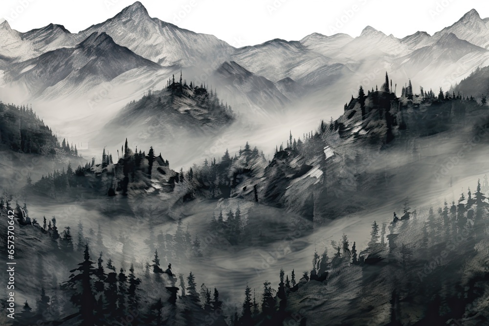 Grey Abstract Background: Tranquil Misty Morning in Mountain Valley, generative AI